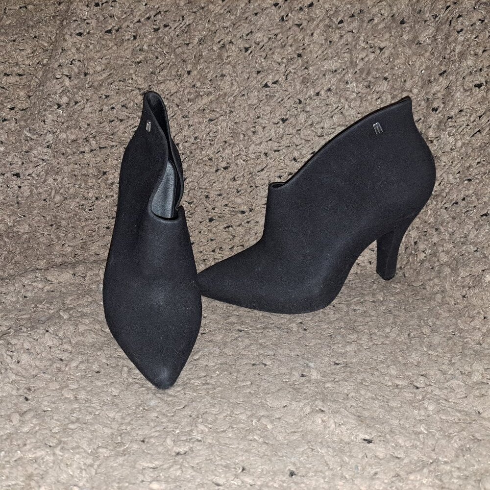 MELISSA-Drama-Black Flocked Jelly-Pointed Toe Heel Ankle Boots-Sz 8-Excellent